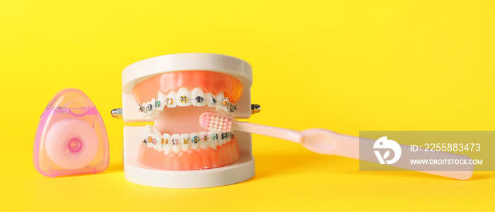 Model of jaw with braces, dental floss and tooth brush on yellow background