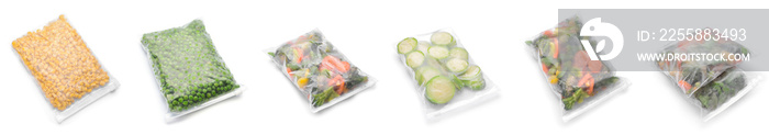 Collage of plastic bags with frozen vegetables on white background