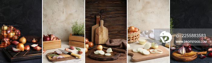 Collage of cutting boards with fresh onions and knives on table