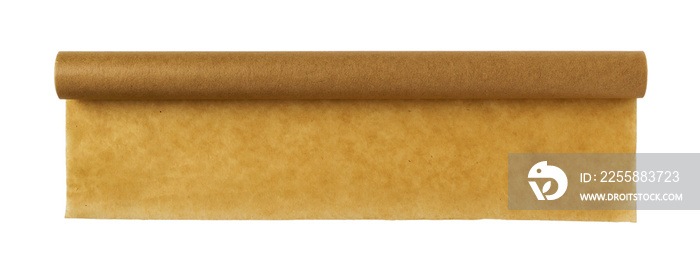 Roll of brown parchment or baking paper isolated on a white background. Paper used for cooking and food storage. Kitchen supply for cooking.