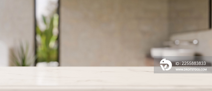 Mockup space on luxury white tabletop against blurred modern bathroom background.