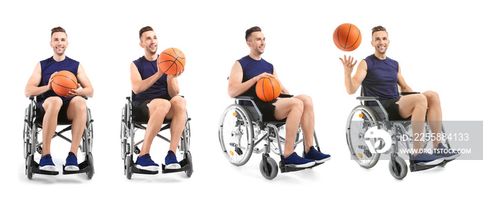 Set of young basketball player in wheelchair on white background