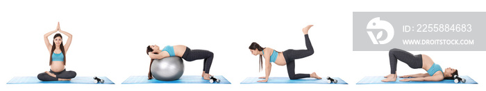 Sport and pregnancy concept. Collage of young pregnant woman training on white background