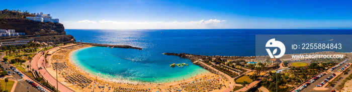 Aerial panorama view of the Amadores beach on the island of Gran Canaria, Spain.