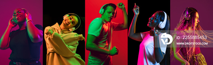 Portrait of group of people on multicolored background in neon light, collage. Dancing, music in headphones