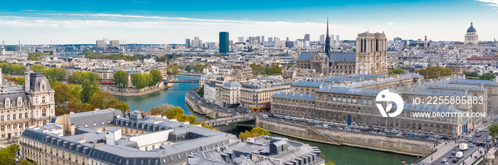 Paris, the Notre-Dame cathedral on the ile de la Cite, with the Seine and the City Hall,  panoramic cityscape