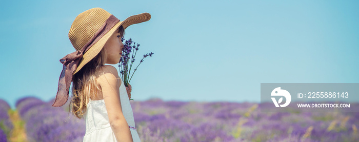 A child in a flowering field of lavender. Selective focus.