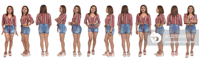 large group of  various poses of the same woman with sneaker and shorts white background