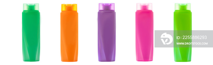 Collection of colorful empty plastic bottles, shampoo bottles.