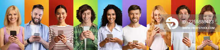 Set of international men and women with smartphones posing on different colorful studio backgrounds, panorama