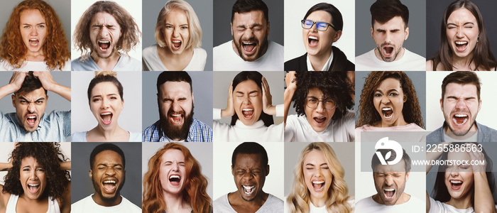 Collage of multiethnic group of people screaming, shouting, expressing their emotions