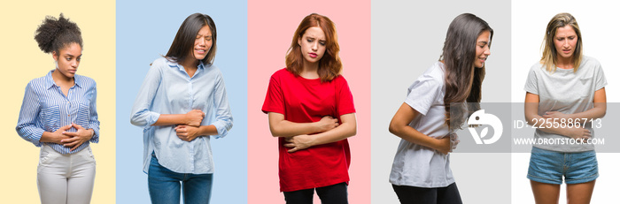 Collage of hispanic, african american, asian, indian women over vintage color background with hand on stomach because nausea, painful disease feeling unwell. Ache concept.