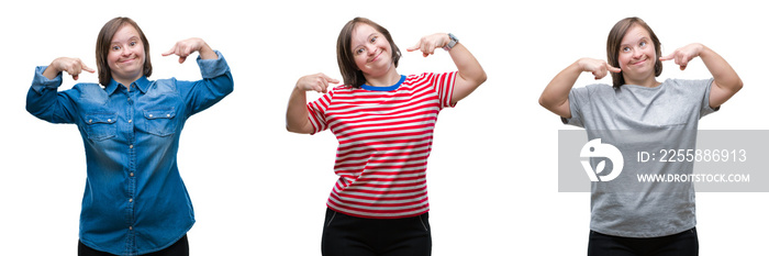 Collage of down sydrome woman over isolated background smiling confident showing and pointing with fingers teeth and mouth. Health concept.