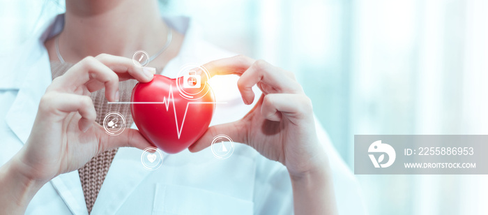 woman doctor in white uniform holding red medical heart, pulse check cardiology with icon symbol treatment, diagnosis healthy concept.