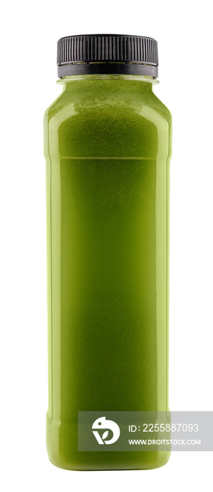 Bottle of spirulina smoothie on white background