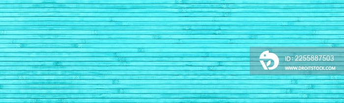 Bright turquoise natural bamboo slats texture. Wide horizontal abstract light teal background