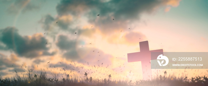 Silhouette jesus christ crucifix on cross on calvary sunset background concept for good friday he is risen in easter day, good friday jesus death on crucifix, world christian and holy spirit religious