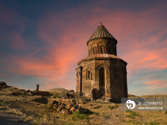 Historic church of Saint Gregory of Abumarents at sunrise time. Old Armenian city of Ani, a UNESCO World Heritage Site located. Turkey’s most important travel destinations. Kars province, Turkey