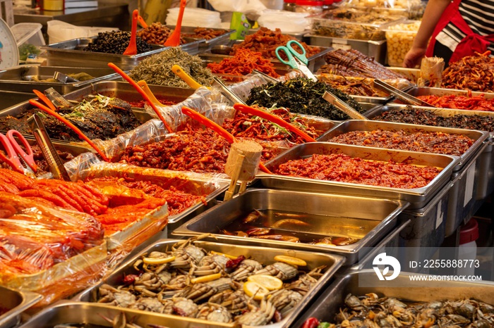 Closeup shot of seafood in Korean food market