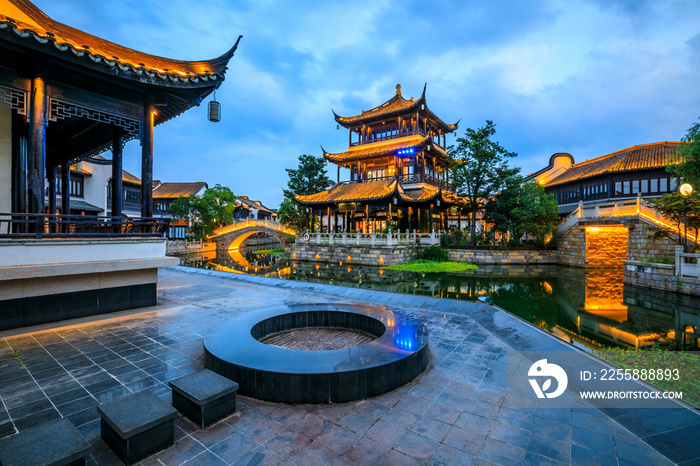 Chinese traditional pavilion building. ancient Chinese architecture at night, made of wood.