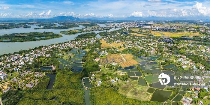 Aerial View of Bay Mau Coconut forest which is a very famous destination of Hoi An ancient town.