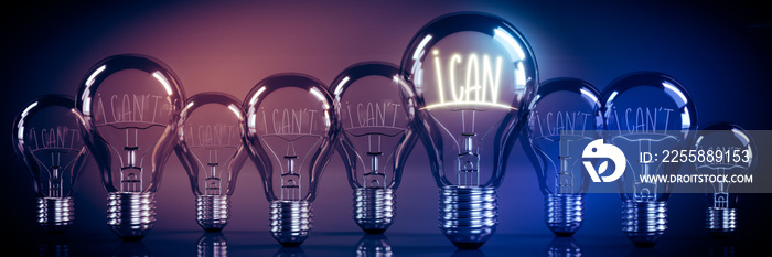 I can, I can’t concept - shining light bulbs - 3D illustration