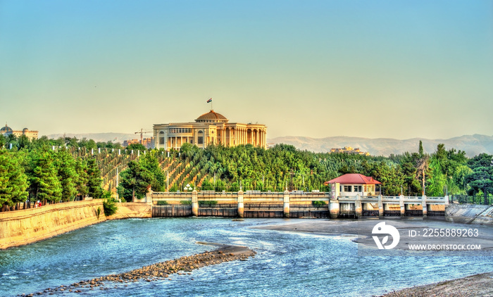 View of Dushanbe with Presidential palace and the Varzob River. Tajikistan, Central Asia