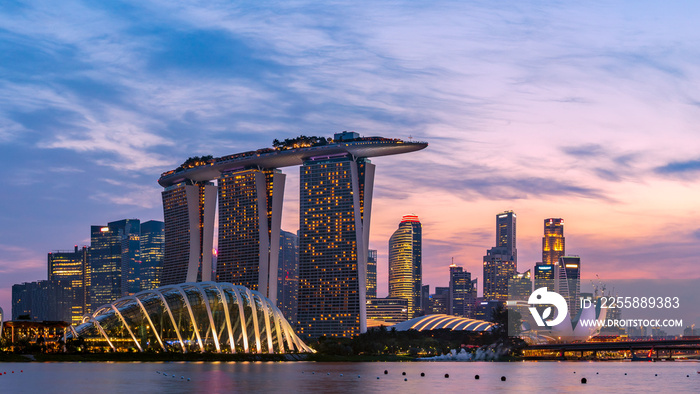 Panoramic view of Singapore Marina Bay area and CBD district at Magic hour.