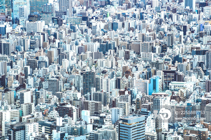 Zoom detail close up of Tokyo city skyline from above at blue hour - Japanese world famous capital with spectacular urban landscape panorama - Concrete cement jungle concept on azure filter