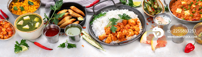 Indian food assortment on light background.