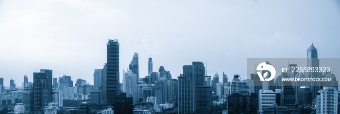 Blue-filtered cityscape and high-rise buildings in metropolis city center . Downtown business district in panoramic view .