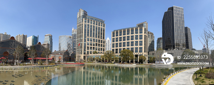 A beautiful sunny spring day at Xintiandi in downtown Shanghai - panorama view of the area