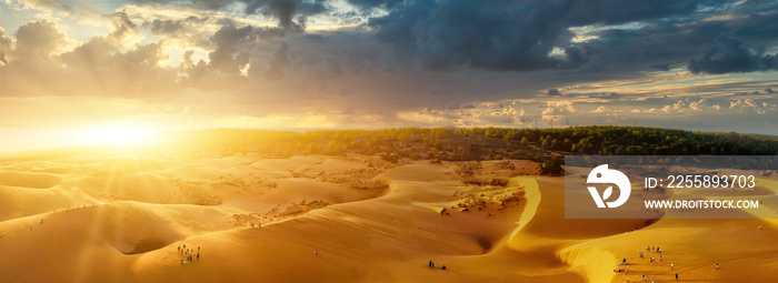 Aerial view of Red Sand Dunes (local name is Doi Cat Do), also known as Golden Sand Dunes, is located near Hon Rom beach, Mui Ne, Phan Thiet city