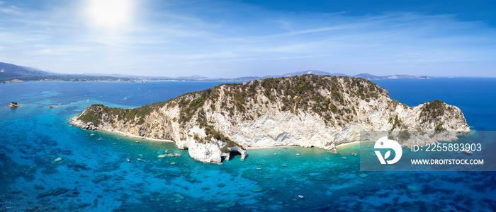Panoramic aerial view of the beautiful Marathonisi island also known as Turtle island at the south coast of Zakynthos, Laganas Bay, Greece