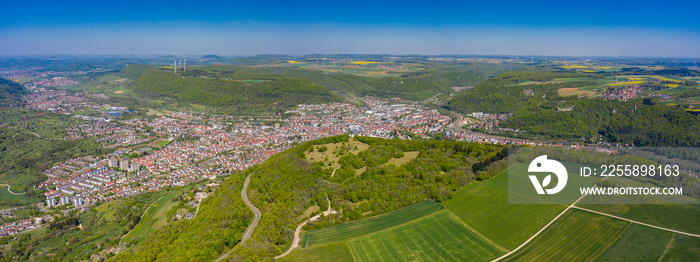 Aerial view of the city Geislingen in Germany in spring during the coronavirus lockdown.