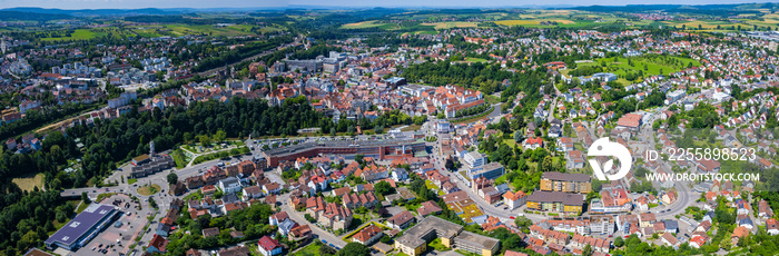 Aerial view of the city Backnang in Germany on a sunny day in spring.