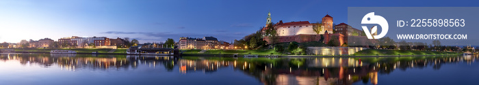 Poland, Krakow, Wawel hill at night, panoramic view