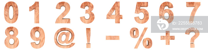 3D illustration set of wooden numbers and math symbols. rendering illustration. Isolated on white background