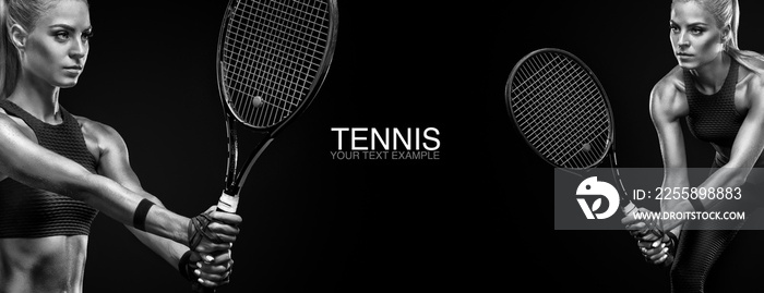 Sport concept. Sports woman tennis player with a racket. Copy space. Black and white photo. Tennis poster.