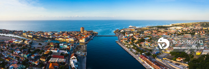 Panoramic aerial view above Downtown Willemstad, Curacao, Caribbean with ocean