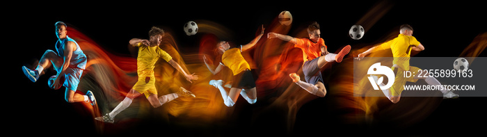 Development of motions of different kinds of sport games. Young men in action isolated over dark background in neon mix colored light. Flyer.