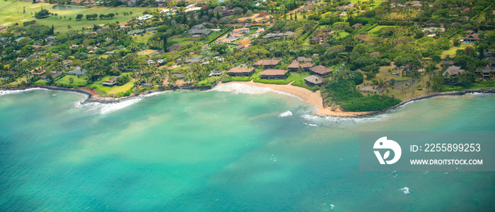 Broad panorama of beach in Hawaii, aerial view over the ocean on west coast of Maui, Hawaii.