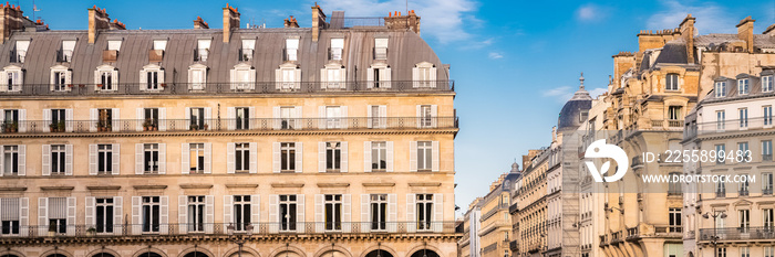 Paris, typical facade and windows, beautiful building rue de Rivoli