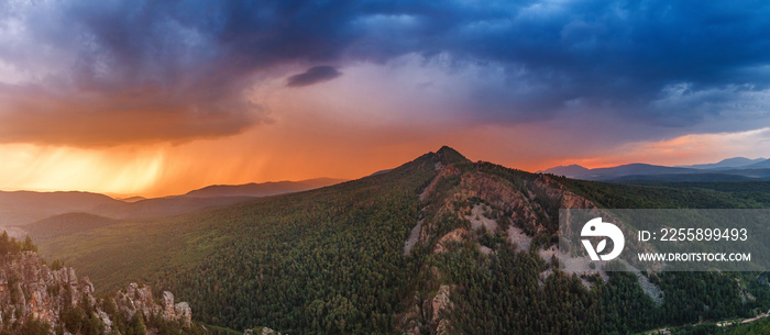 colorful sunset on top of the mountain in South Ural, Russia