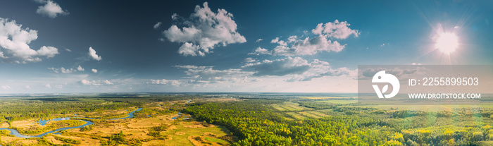 Aerial View Green Forest Woods And River Landscape In Sunny Summer Day. Top View Of Beautiful European Nature From High Attitude In Spring Season. Drone View. Bird’s Eye View. Panorama