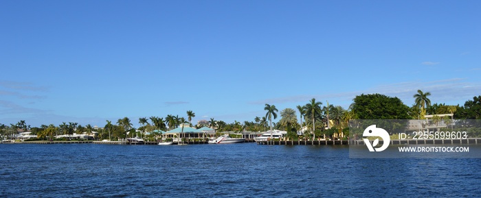 Panorama view of luxurious properties in Fort Lauderdale canals, Florida, USA.