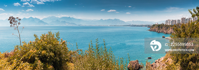 Panoramic view of Lara district of a resort town of Antalya, Turkey situated on a high cliff. Vacation and riviera concept