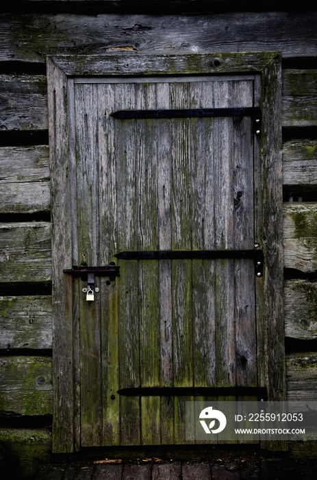 Aged locked wooden door of a gloomy abandoned house (like in horror movies or in fairytales)