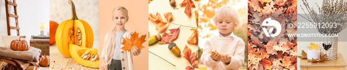 Autumn collage with little children in warm clothes, with pumpkin and floral decor