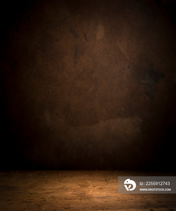 Selected focus empty brown wooden table and wall texture or old black brick wall blur background ima